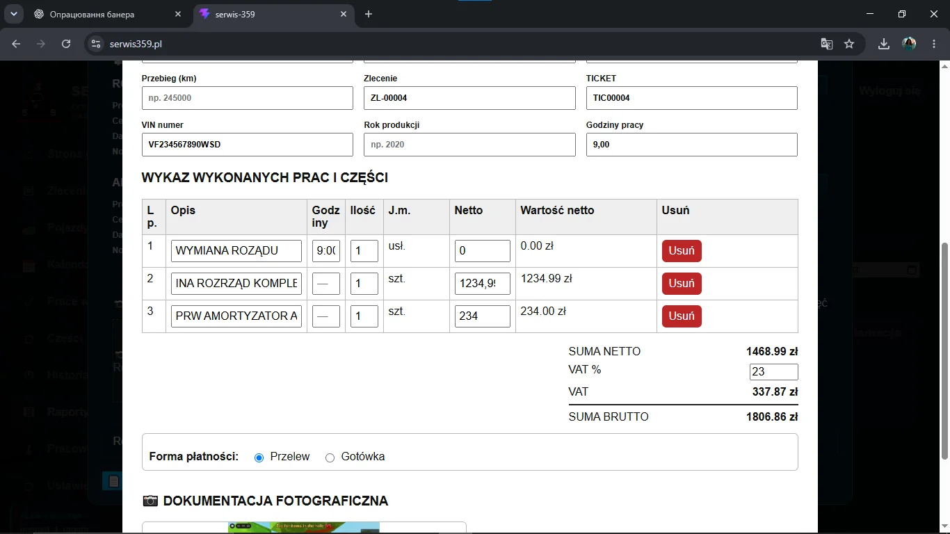 Pozycje faktury — Wykaz wykonanych prac i części