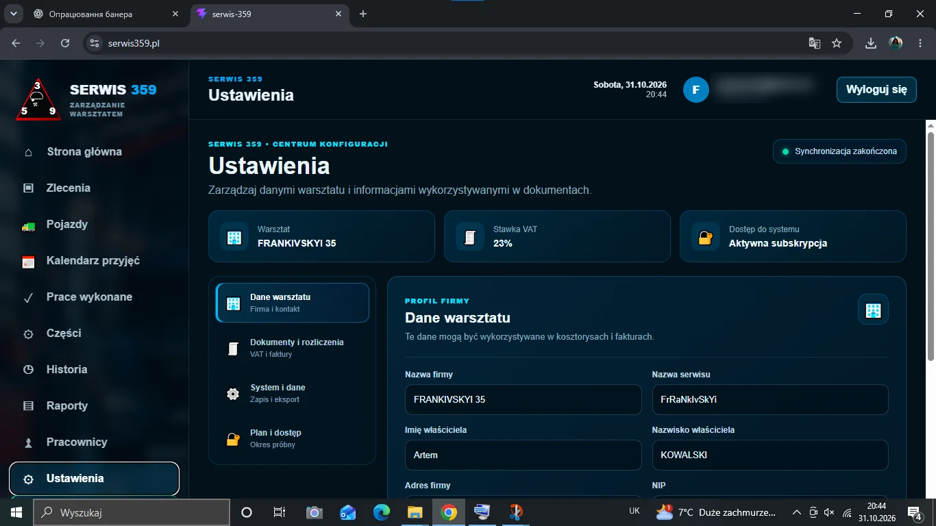 Ustawienia warsztatu — Dane firmy i konfiguracja systemu